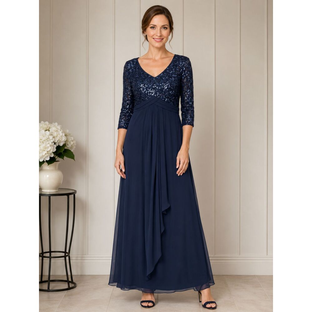 Alex Evenings Navy Sequin Bodice V-Neck Long Sleeve Evening Gown